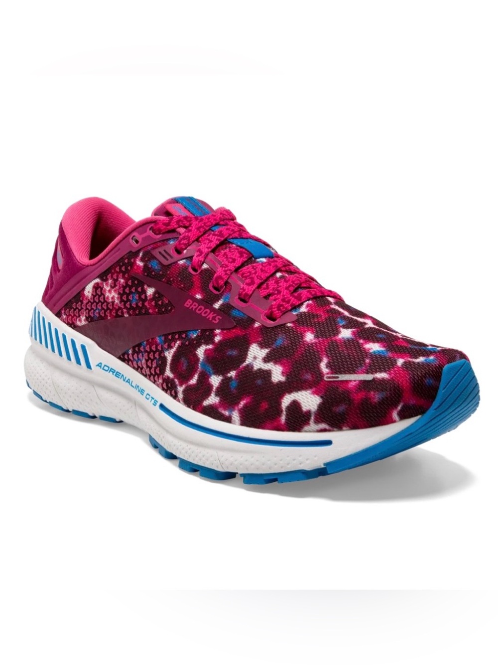 Brooks Women's Adrenaline GTS 22 Running Shoe in Pink with Blue Leopard Accents